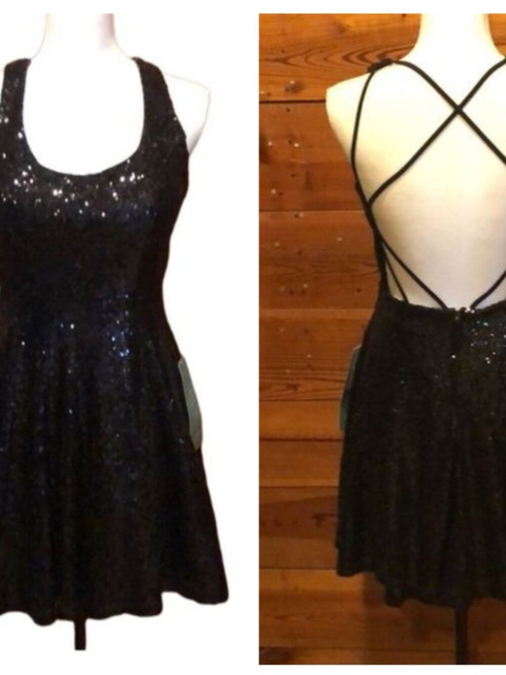 B. Smart Black Sequin Fit & Flare Dress Juniors 7 Open Strap Back Event Party